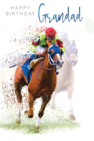 A birthday card for granddad with a jockey on a horse.