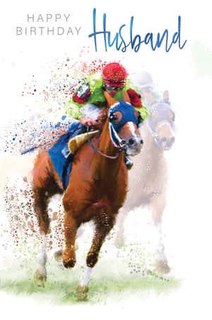 A birthday card for a husband with a jockey on a horse.