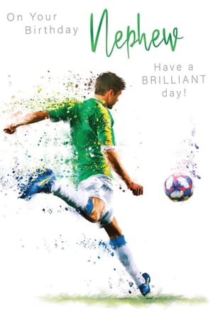 A birthday card for a nephew, with a soccer player kicking a ball.