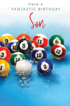 A birthday card with pool balls on it for a son.