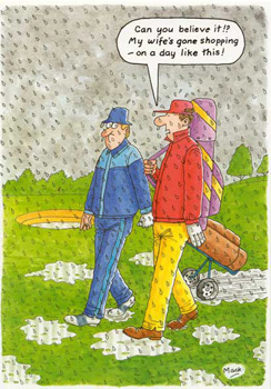 A cartoon of two men walking in the rain, with one saying, "Can you believe it?"