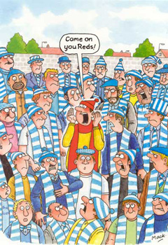 A cartoon of a crowd of people wearing blue and white striped shirts and hats.