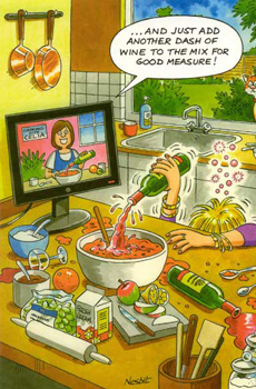 A cartoon of a woman pouring wine into a bowl.