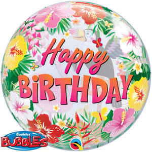 A bubble balloon that says "Happy Birthday" on it.