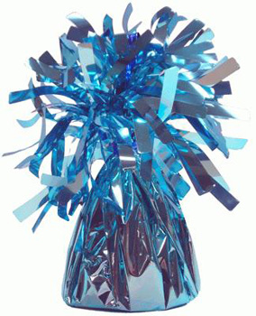A blue balloon weight with tinsel on a white background.