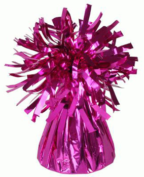 A pink foil balloon weight with tinsel on a white background.