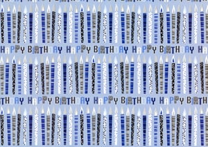 A pattern of blue and white birthday candles that says "happy birthday".