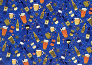 A pattern of beer bottles and mugs is on a blue background.