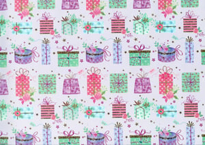 A white background with a pattern of gifts and flowers.