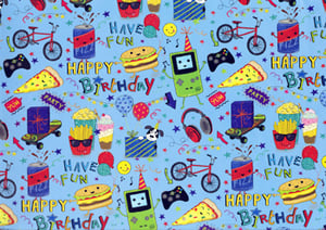 A blue background with a pattern that says "Happy Birthday."