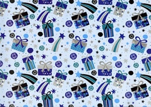 A blue and white pattern with gifts and stars. (No grammatical errors)