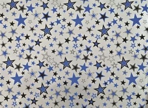 A pattern of blue and black stars on a white background.