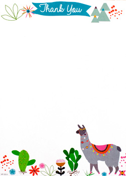 A thank you card with a llama and cactus.