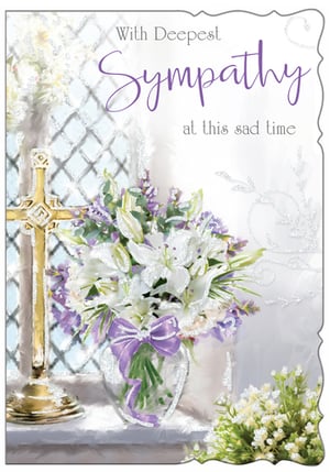 a sympathy card with a vase of flowers and a cross