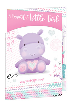 Celebrate the arrival of a precious little one with our delightful 'Birth Congrats Girl' card! This charming design features an irresistibly cute purple hippo, adorned with a sparkling heart, set against a backdrop of playful patterns in soft pinks, purples, and teals.
The sweet sentiments, "A Beautiful Little Girl" and "What WONDERFUL news!", perfectly capture the joy of this special occasion. Designed by Out of The Blue Studios Ltd., this card offers a truly heartwarming way to send congratulations. It's the perfect choice for customers seeking a memorable and adorable card for a new baby girl. Available in a convenient pack size of 1x6, ensure your shelves are stocked with this lovely design.