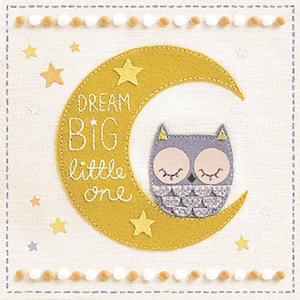 A card that says "Dream big, little one" with an owl on a crescent moon.