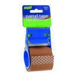 A roll of parcel tape with a dispenser attached to it.