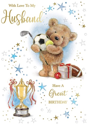 a birthday card for a husband with a teddy bear holding a soccer ball