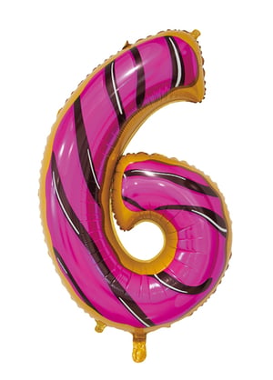A pink and gold balloon in the shape of the number 6.
The sentence is already grammatically correct.