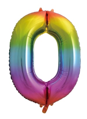 A rainbow-colored balloon in the shape of the letter "O".