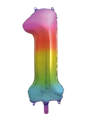 A rainbow-colored balloon in the shape of a number 1.