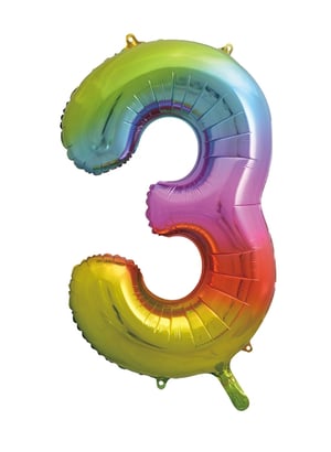 A rainbow-colored balloon in the shape of the number three.