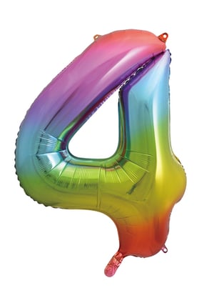 A rainbow-colored balloon in the shape of the number four.