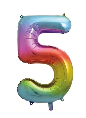 A rainbow-colored balloon in the shape of the number 5.