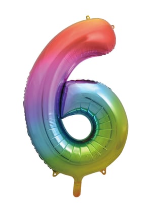 A rainbow-colored balloon in the shape of the number 6.