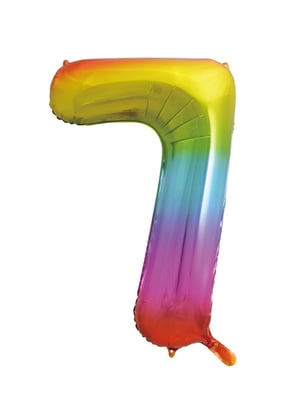 A rainbow-colored balloon in the shape of the number 7.