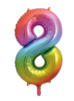 A rainbow-colored balloon in the shape of the number 8.