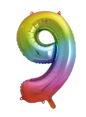 A rainbow-colored number 9 balloon on a white background.