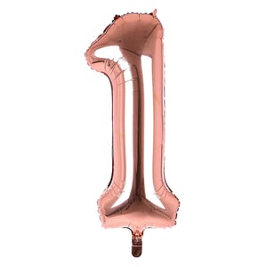 A rose gold number 1 balloon on a white background.