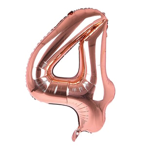 A rose gold balloon in the shape of the number four.