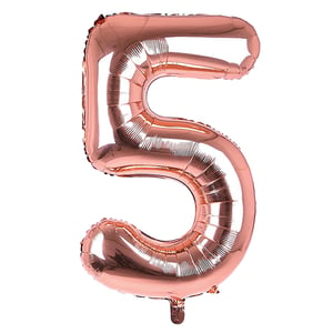 A rose gold number 5 balloon is on a white background.