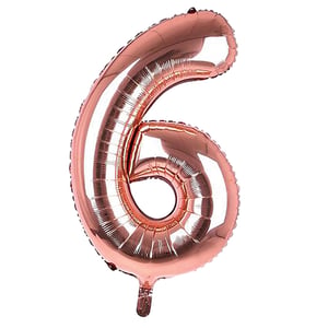 A rose gold number 6 balloon on a white background.