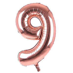 A rose gold number 9 balloon is on a white background.