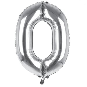 A silver balloon in the shape of the number 0.