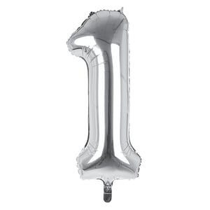 A silver balloon in the shape of number 1.
