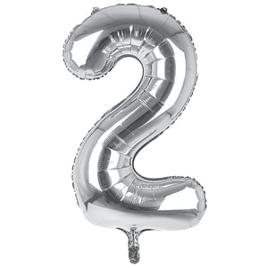 A silver balloon in the shape of the number 2.