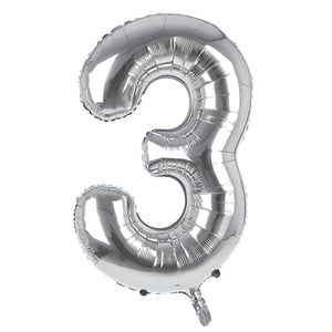 A silver balloon in the shape of number three.