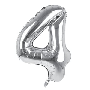 A silver balloon is in the shape of the number four.