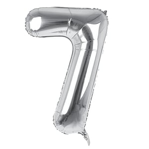 A silver balloon in the shape of the number 7.