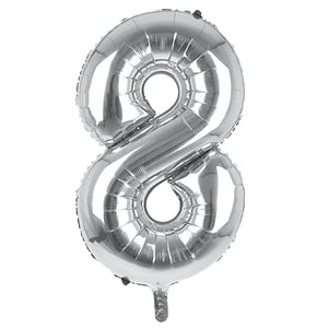 A silver balloon in the shape of the number eight.