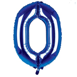A blue balloon in the shape of the number 0.
