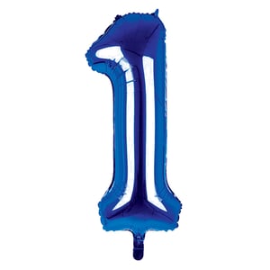 A blue balloon in the shape of the number 1.