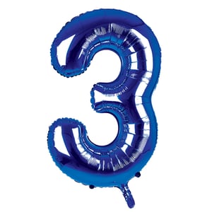 A blue balloon in the shape of the number three.