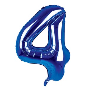 A blue balloon in the shape of the number four.