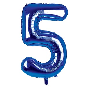 A blue balloon shaped like the number 5.