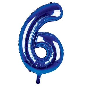 A blue balloon in the shape of the number 6.